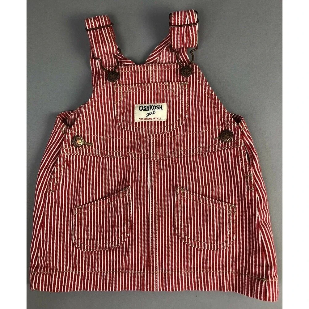 OshKosh Vestbak Dress BiBs Girl 6 Month Overall Red Pinstripe Railroad Conductor